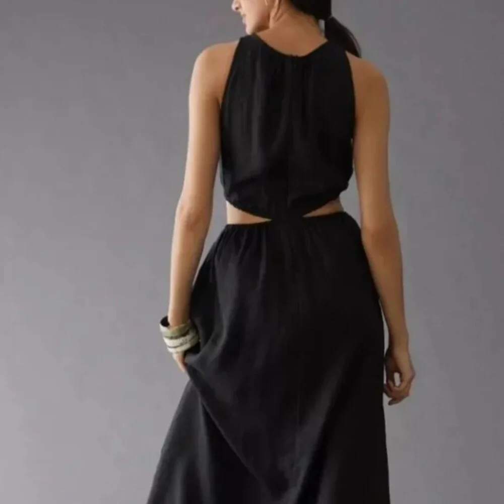 NWOT Faithfull The Brand Zeta Linen A Line Cut-out Midi Dress in Black S $329 - Picture 3 of 12